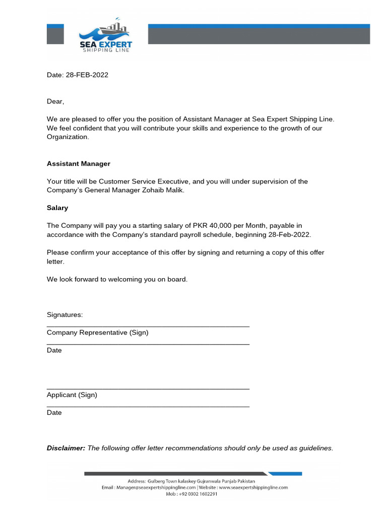 Assistant Manager Job Offer Letter | PDF