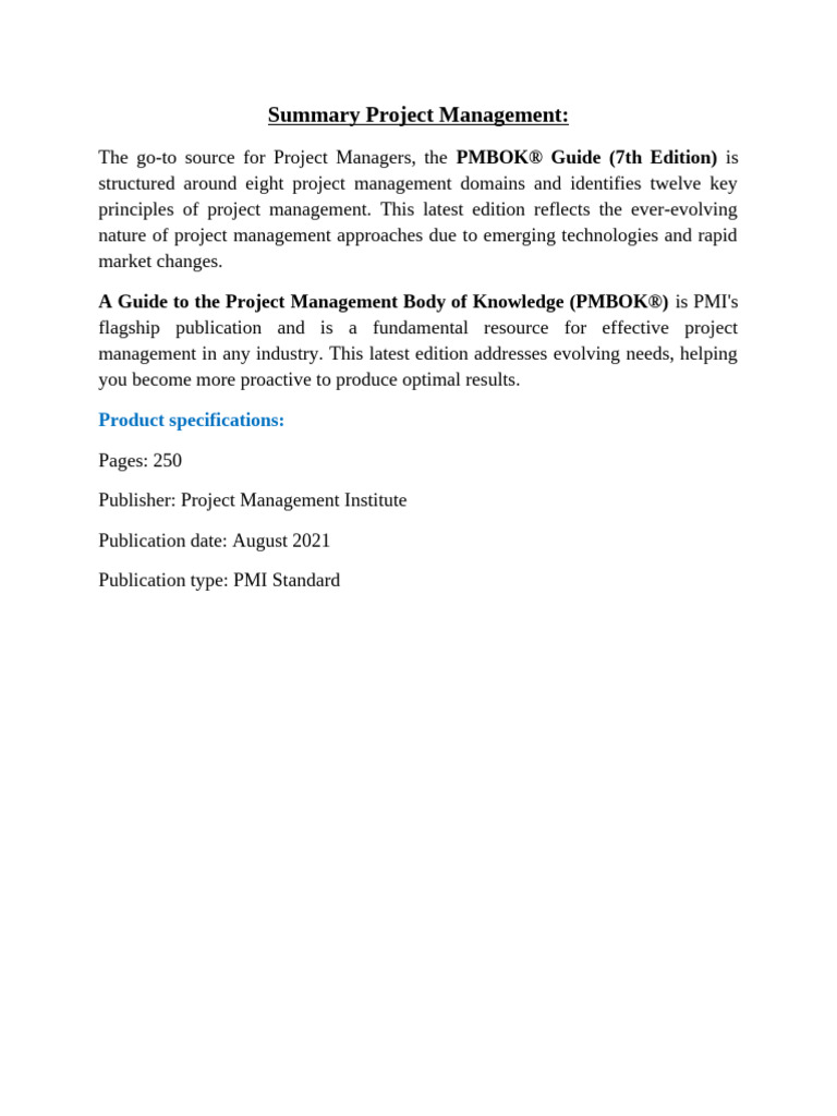 Summary Project Management (PMBOK) | PDF