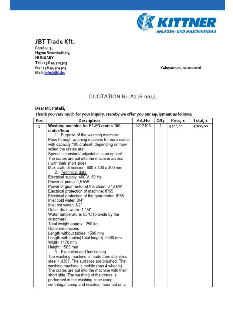 JBT Trade KFT.: QUOTATION Nr. A216-0044 | PDF | Washing Machine | Water ...