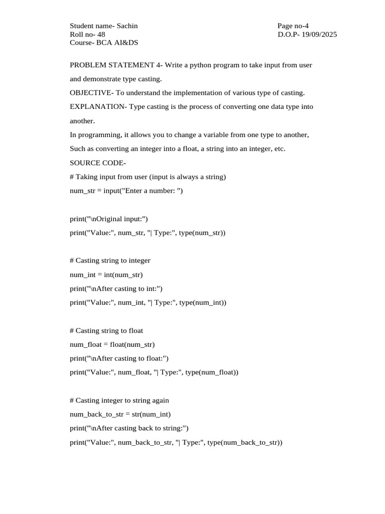 Python Type Casting Example | PDF