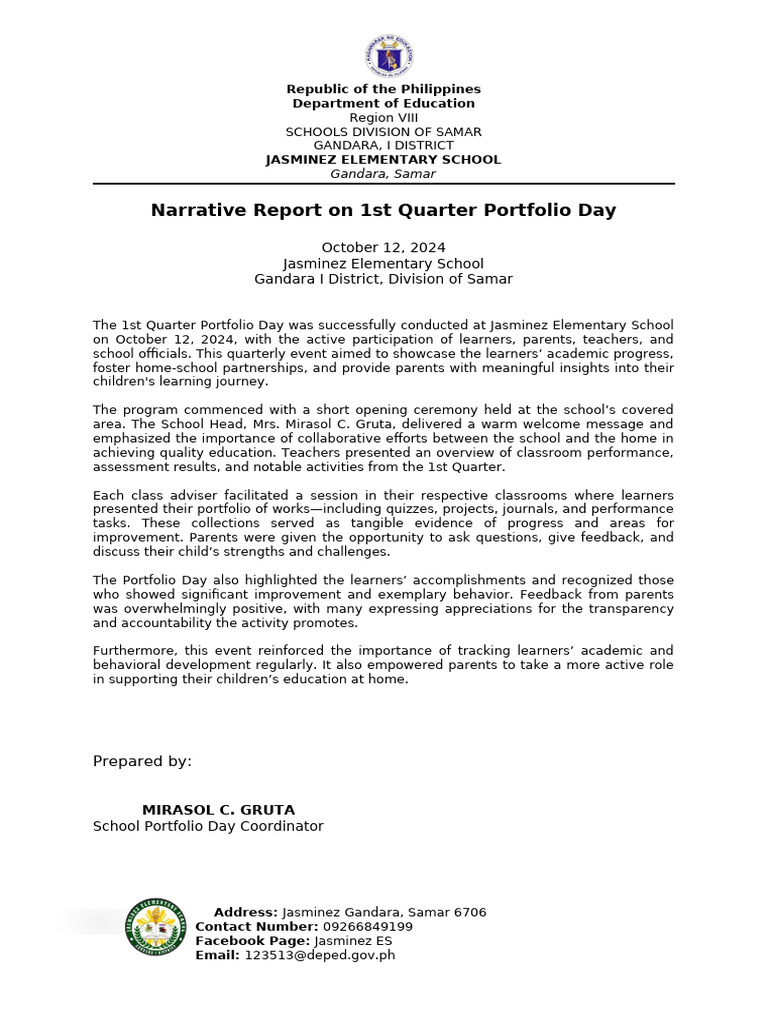 Narrative Report On 1st Quarter Portfolio Day | PDF | Teachers | Learning