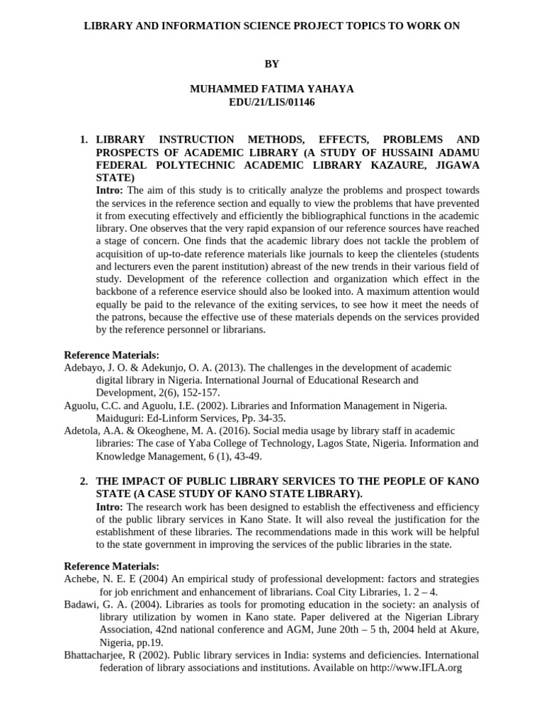 Muhammaed Fatima Yahaya Library and Information Science Project Topics ...