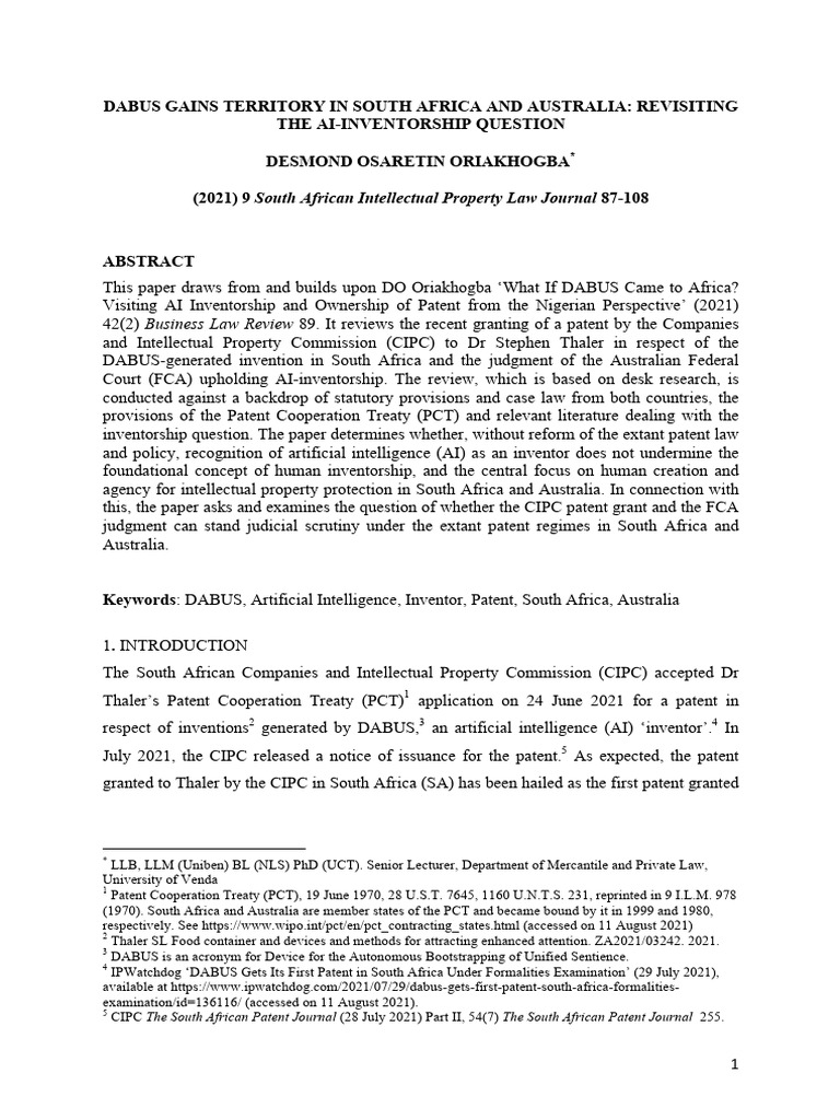 DABUS and AI Inventorship in SA & AU | PDF | Patent | Patent Law