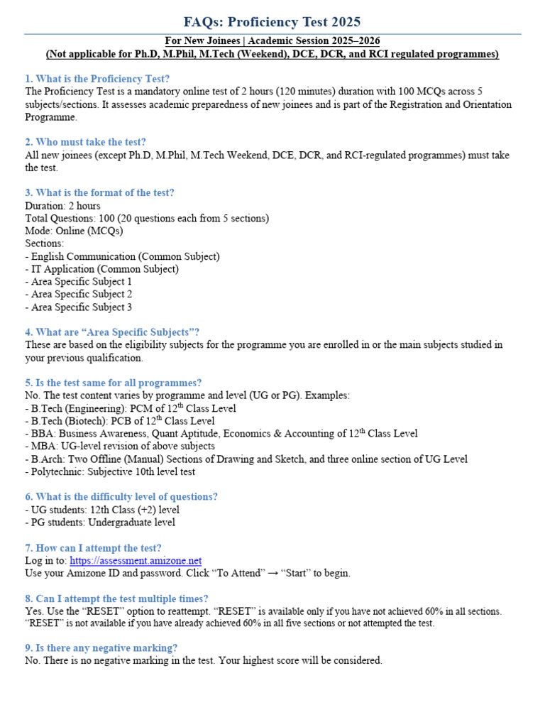Proficiency Test FAQs for New Joinees | PDF