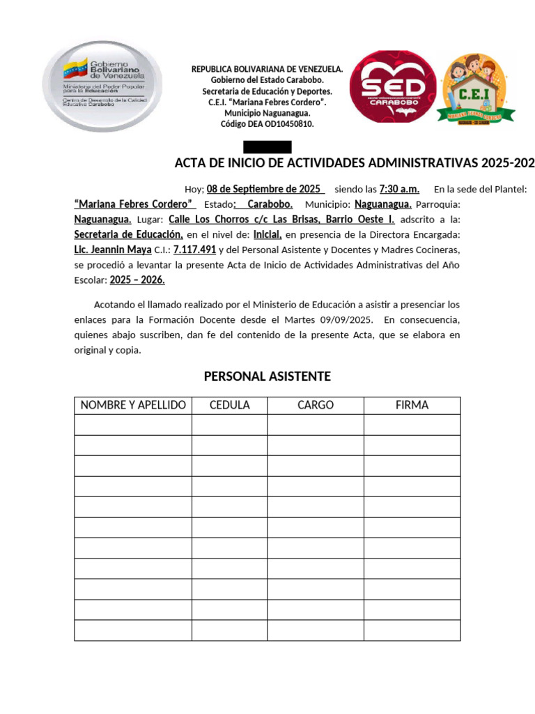 Acta de Inicio Actividades 2025-2026 | PDF