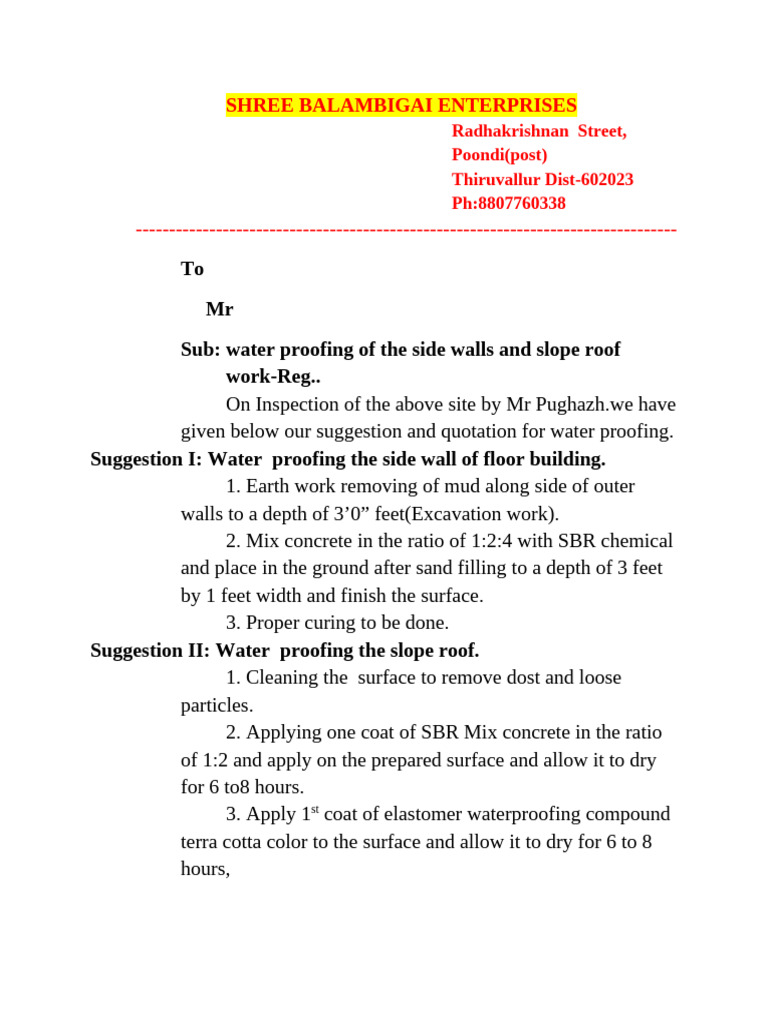 Water Proofing Quotation and Suggestions | PDF