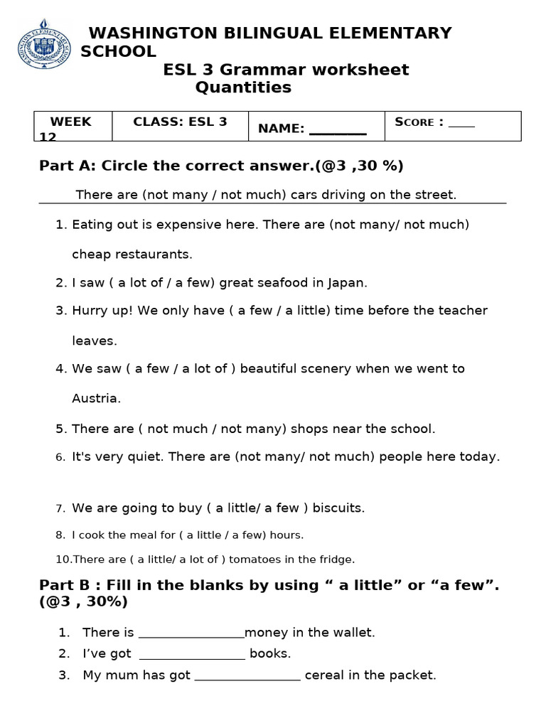 ESL 3 Grammar Worksheet: Quantities | PDF | Lunch | Foods