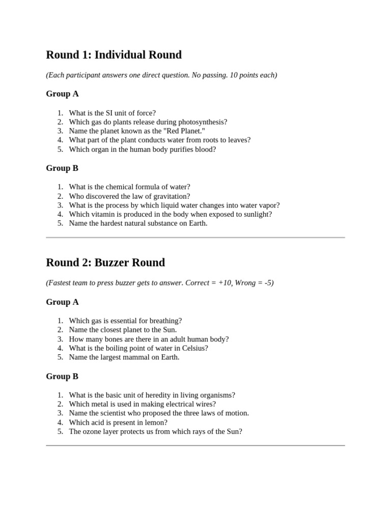 Science Quiz: Rounds and Questions | PDF | Water | Earth