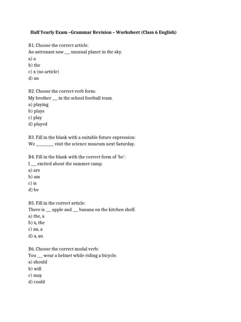 Class 6 English Grammar Revision Worksheet | PDF | Linguistic ...