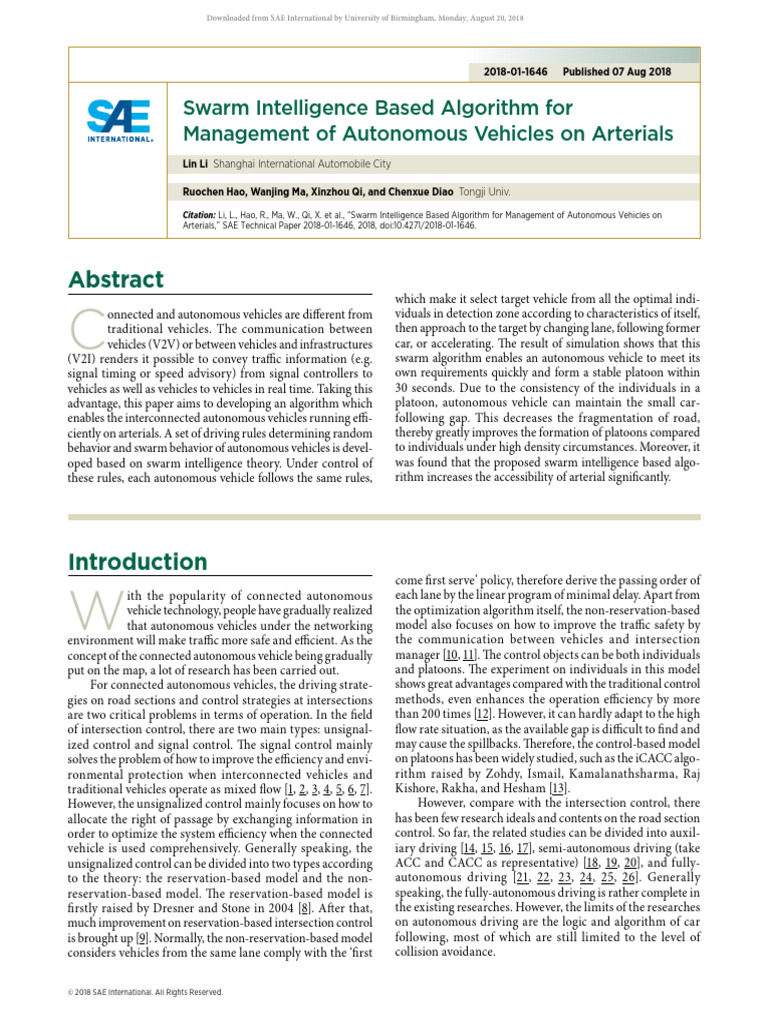 Swarm Intelligence for Autonomous Vehicle Management | PDF | Traffic ...