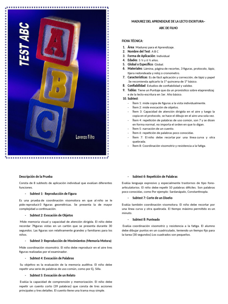 Test ABC para Evaluar Lectoescritura | PDF | Aprendizaje | Memoria