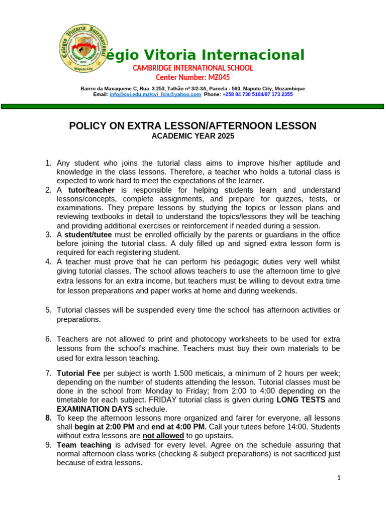 Extra Lessons Policy 2025 - Colégio Vitoria | PDF | Teachers | Behavior ...