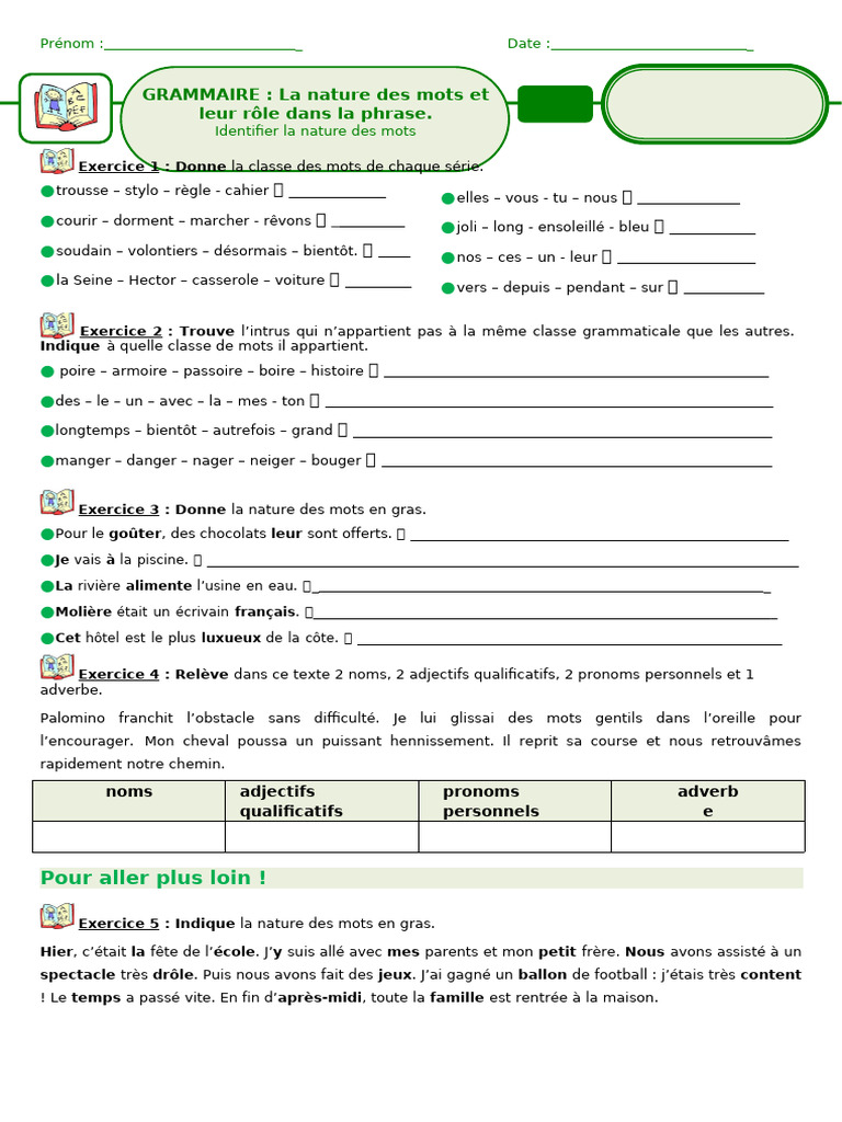 Nature des mots : Exercices pratiques | PDF