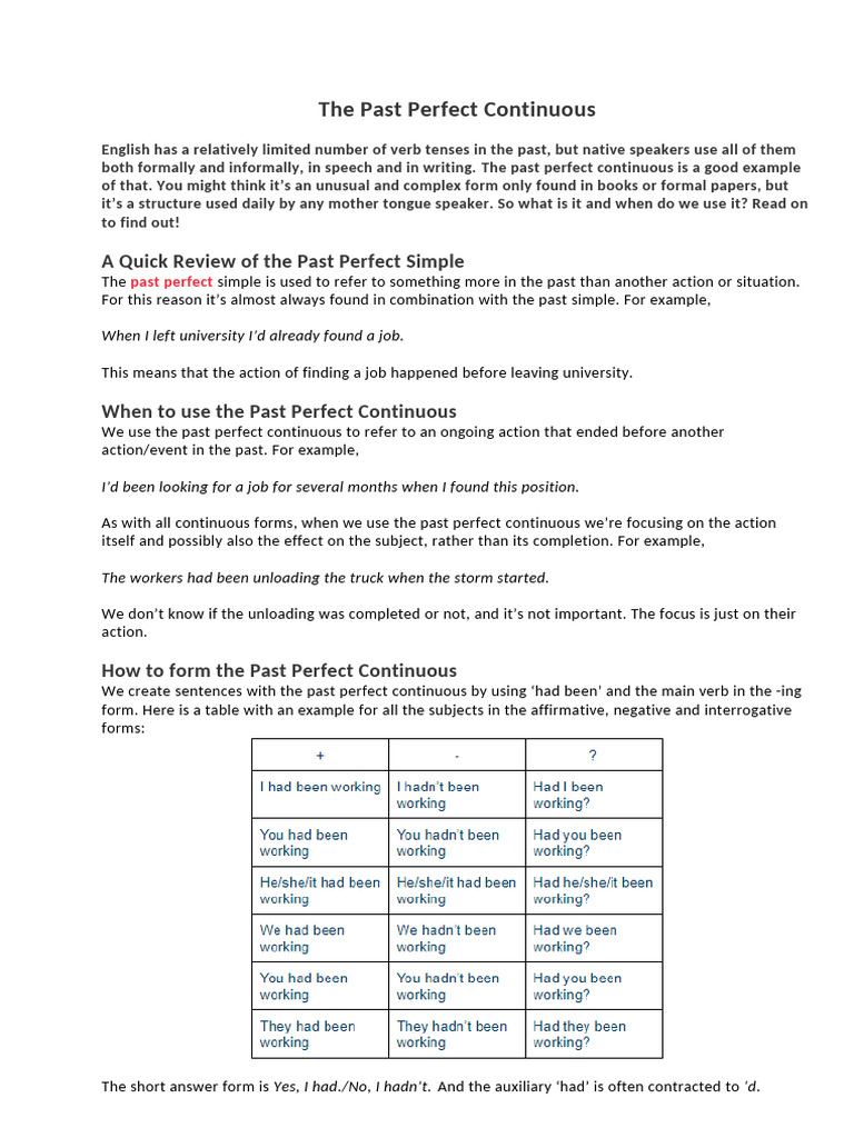 The Past Perfect Continuous | PDF | Perfect (Grammar) | Semantic Units