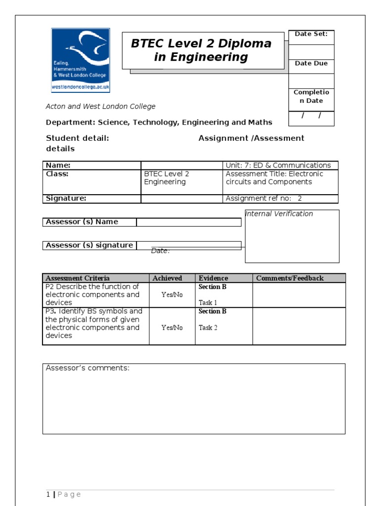 BTEC Level 2 Diploma In Engineering Student Detail Assignment 