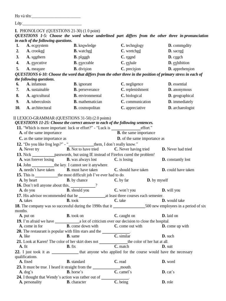 Phonology and Lexico-Grammar Test | PDF