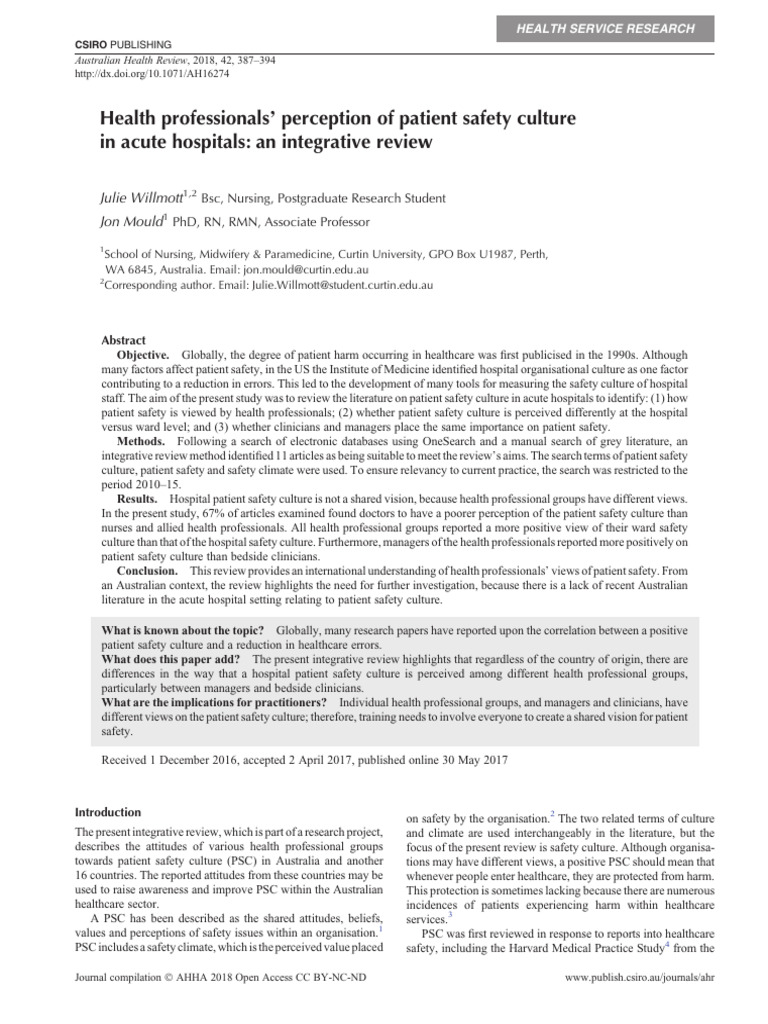 Patient Safety Culture in Acute Hospitals | PDF | Patient Safety | Nursing