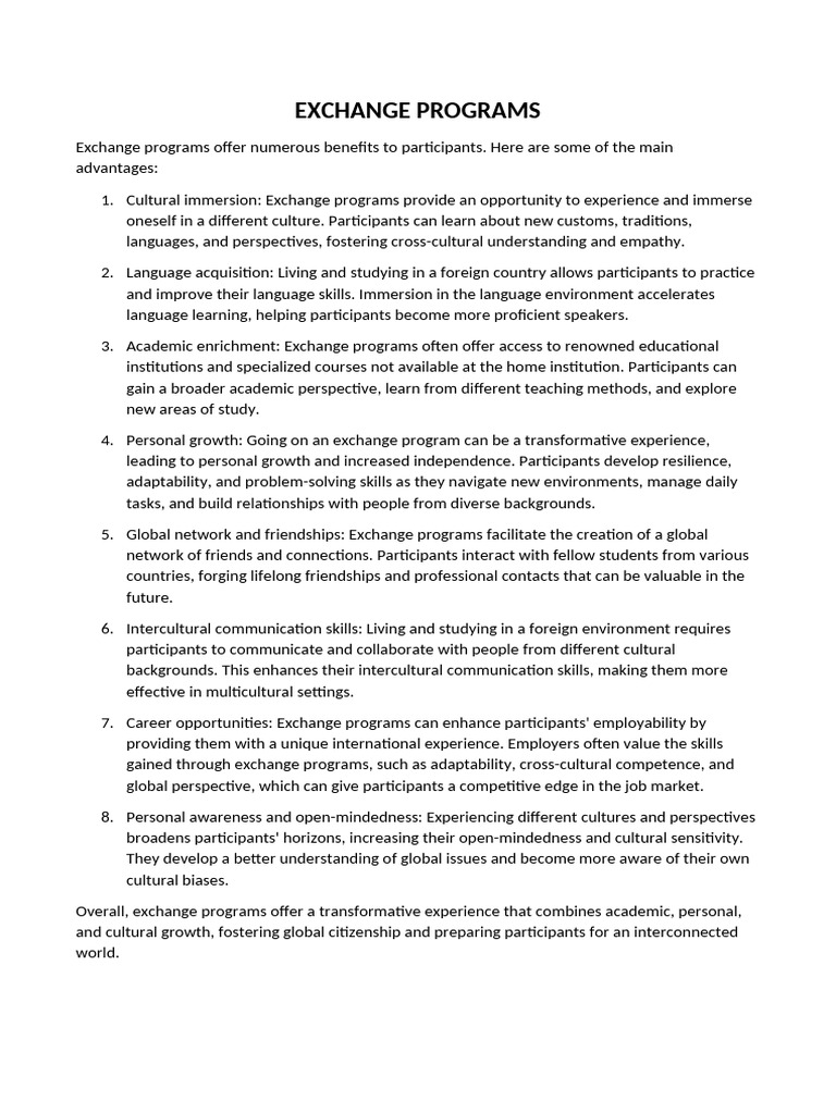 Benefits of Exchange Programs | PDF | Cross Cultural Communication ...