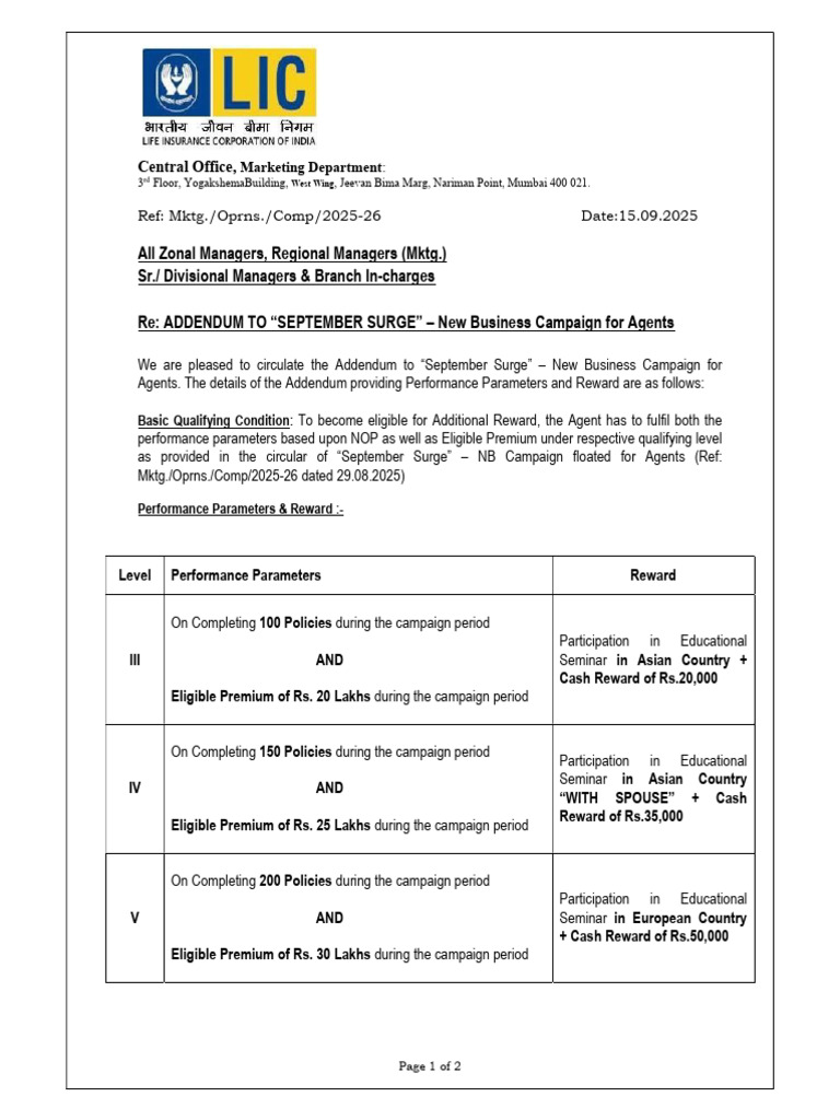 Addendum To September Surge - NB Campaign For Agents | PDF
