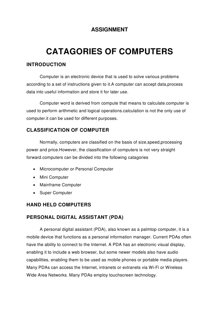 Catagories of Computers: Assignment | PDF | Personal Digital Assistant ...