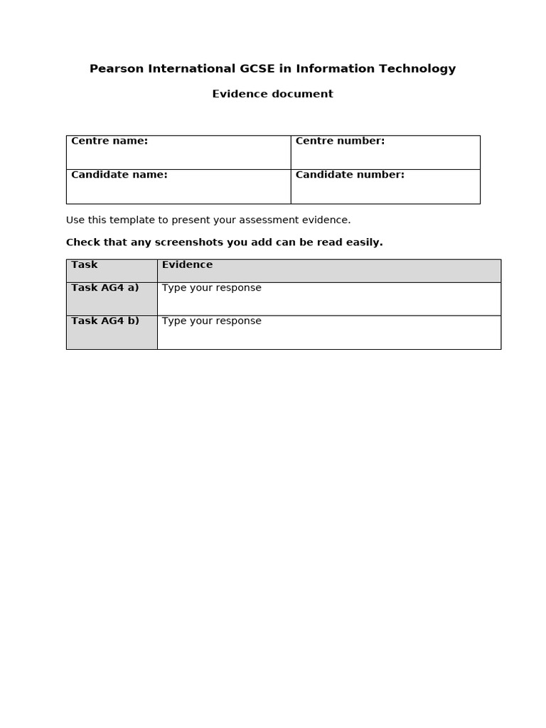 Pearson IGCSE IT Assessment Evidence Template | PDF
