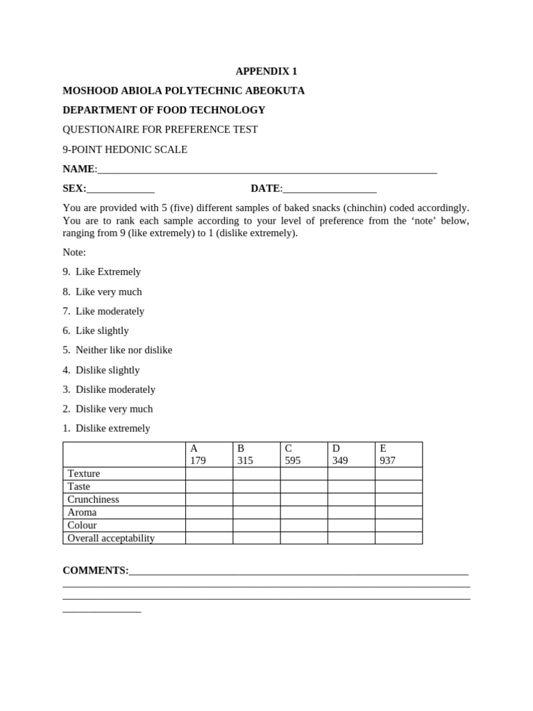 9-Point Hedonic Scale Preference Test | PDF