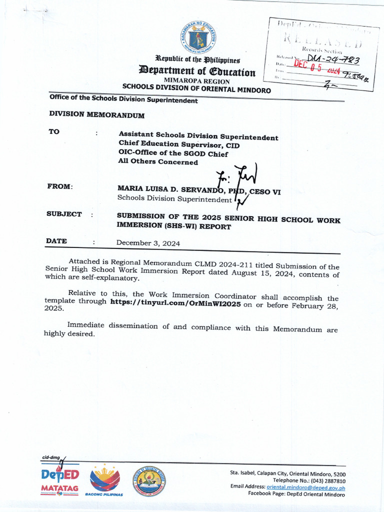 DM Submission of The 2025 Senior High School Work Immersion SHS WI ...