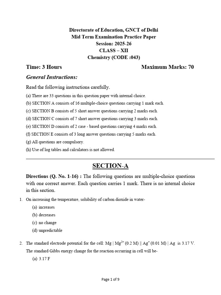 Chemistry Mid Term Exam Practice Paper | PDF | Chemical Reactions | Alkane