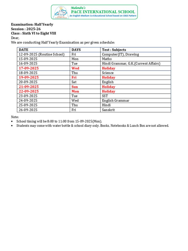 Class 6-8 Half Yearly Exam Schedule 2025 | PDF