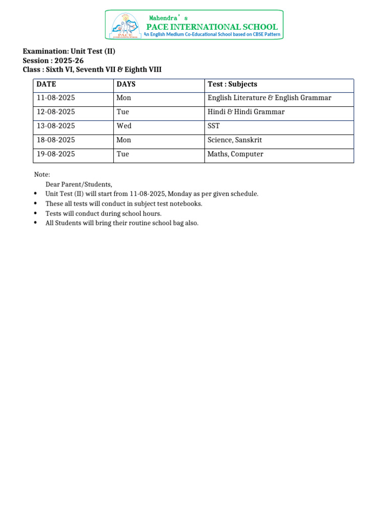Unit Test II 2025-26 Class VI To VIII | PDF