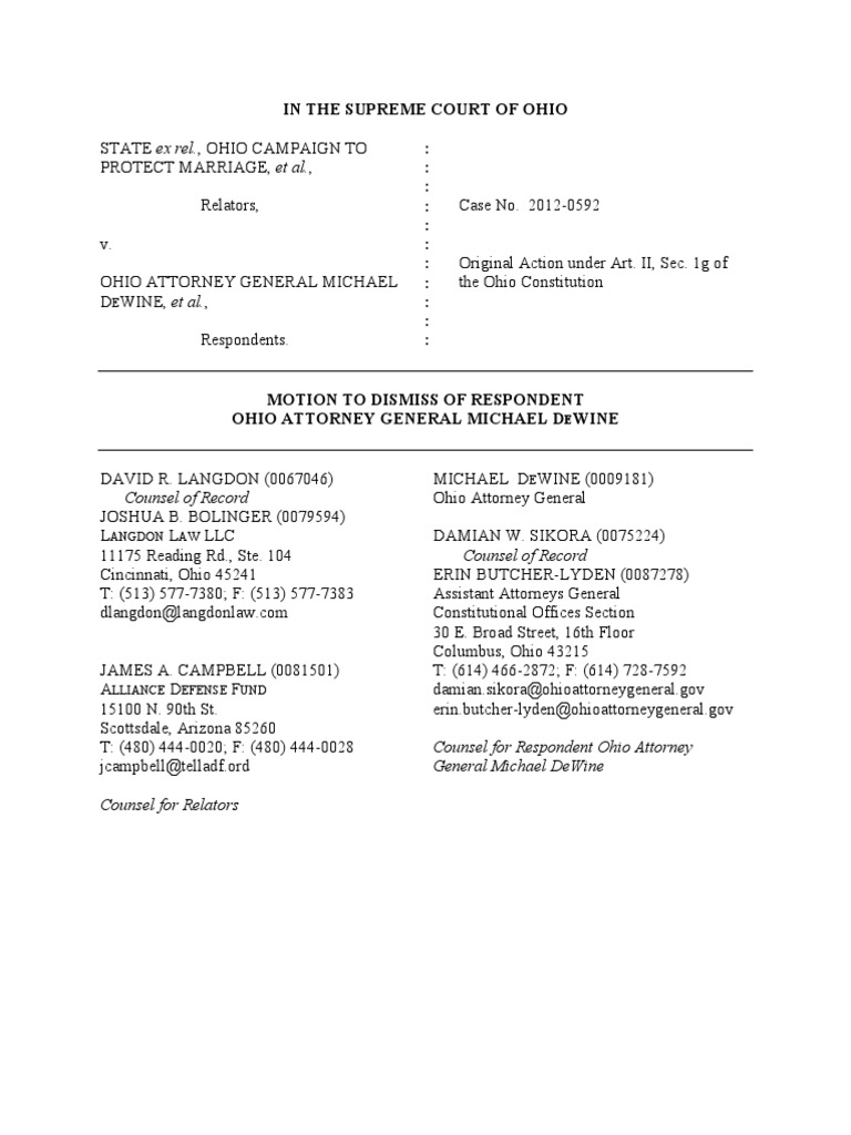 Ohio AG Motion to Dismiss Case 2012-0592 | PDF | Initiative | Complaint