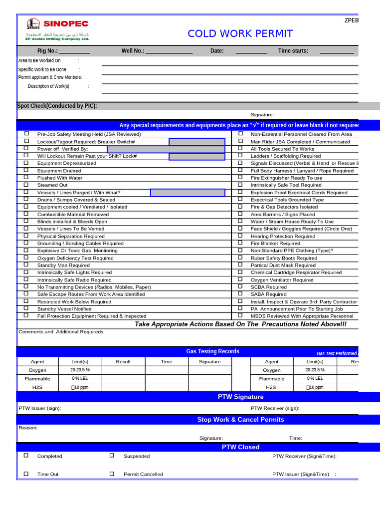 Zpebintjl Sa Hse 054 2021 Cold Work Permit | PDF | Safety ...