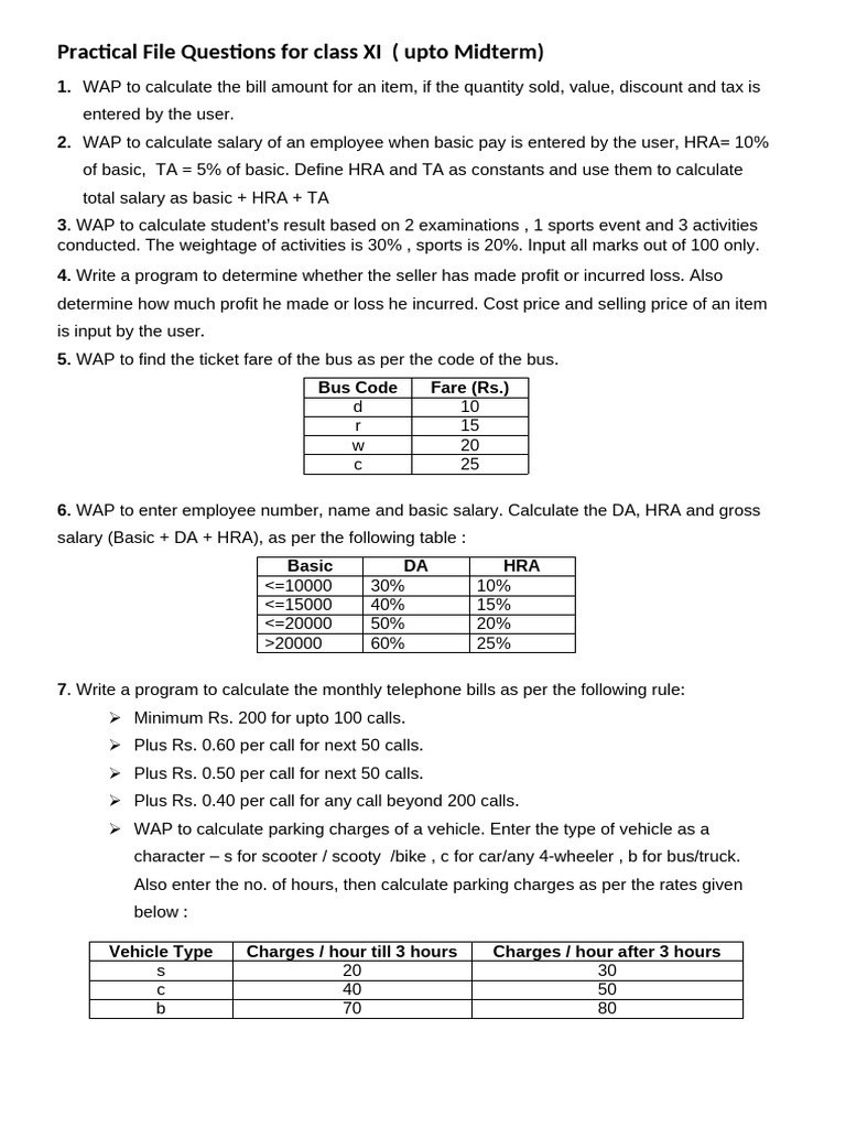 Class XI Practical Programming Questions | PDF | Salary | Prices
