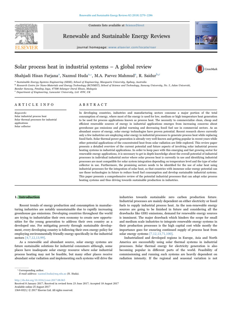 Solar Process Heat in Industrial Systems - A Global Review | PDF ...