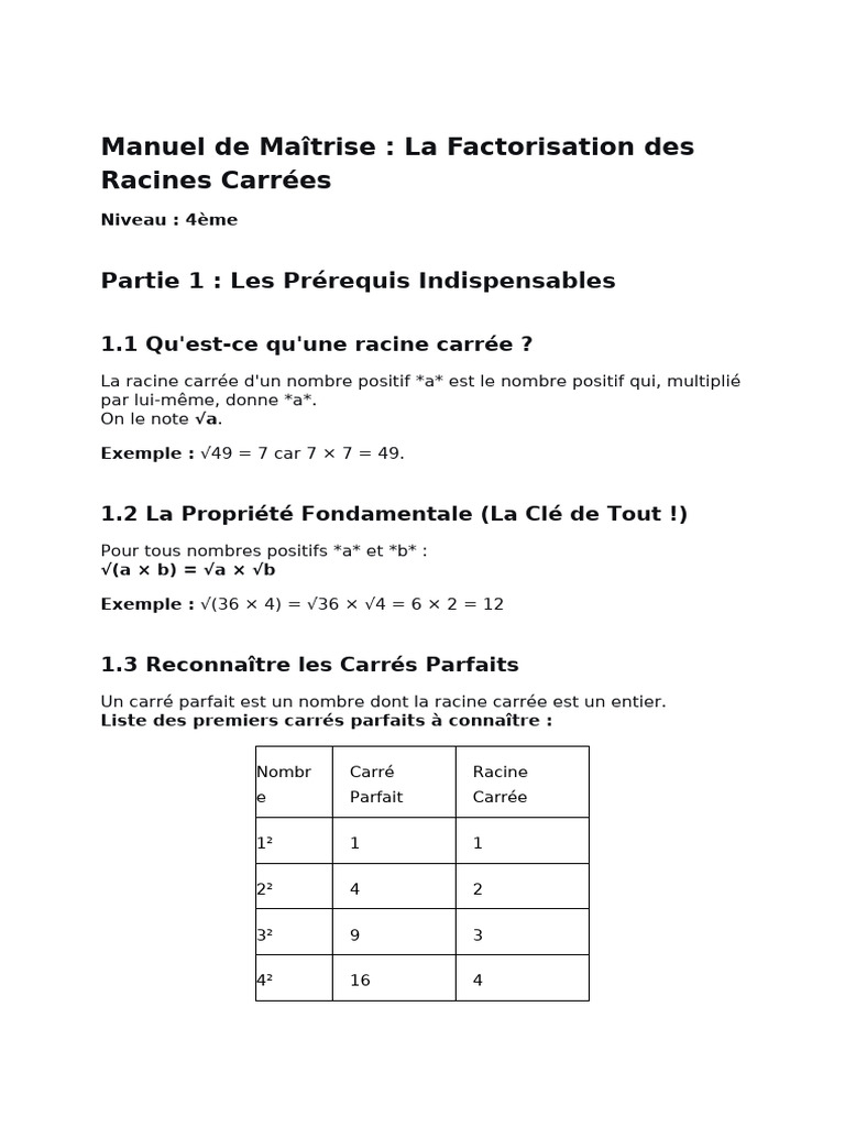 Factorisation des Racines Carrées 4ème | PDF | Racine carrée | Arithmétique