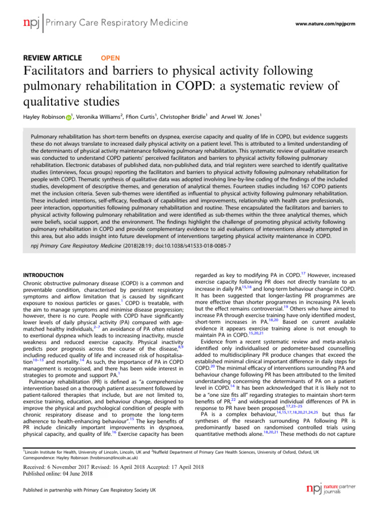 Facilitators and Barriers To Physical Activity Following Pulmonary ...