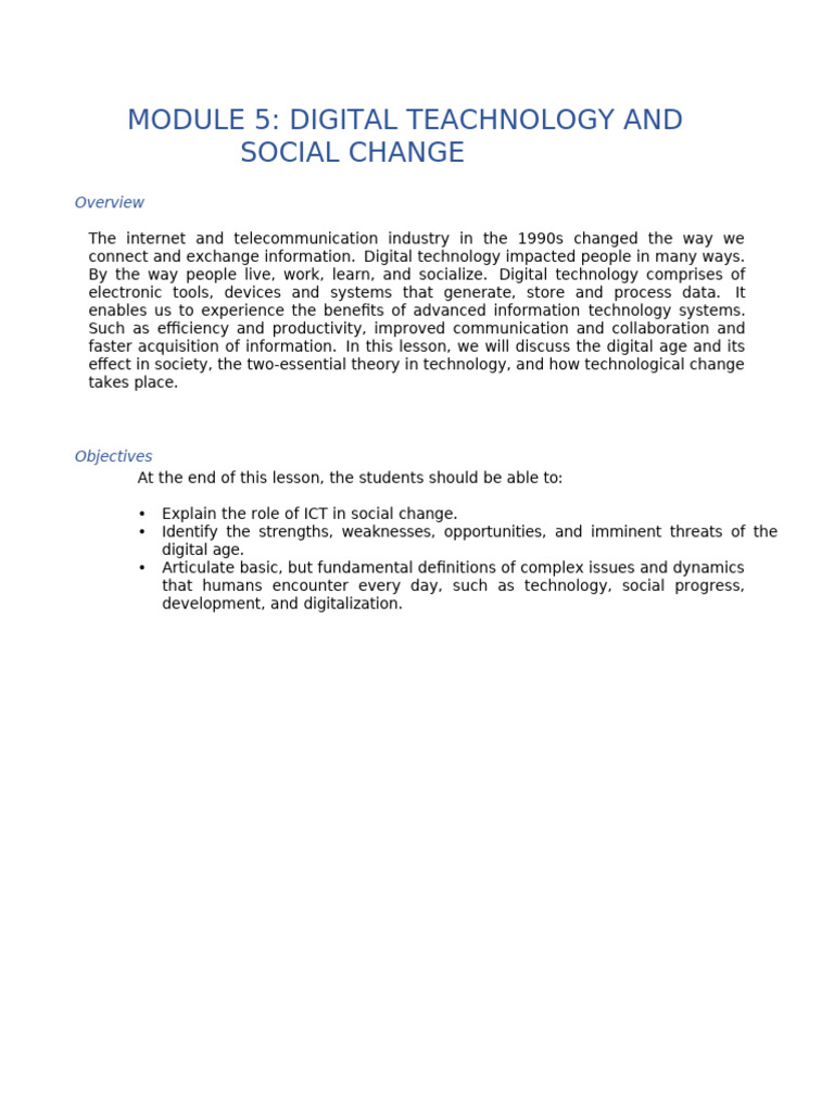 Module 5 Lesson 1 Digital Technology and Social Change | PDF ...