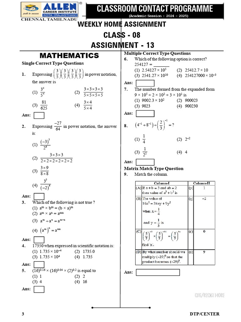 Class 8 Weekly Math Assignment 13 | PDF | Exponentiation | Arithmetic