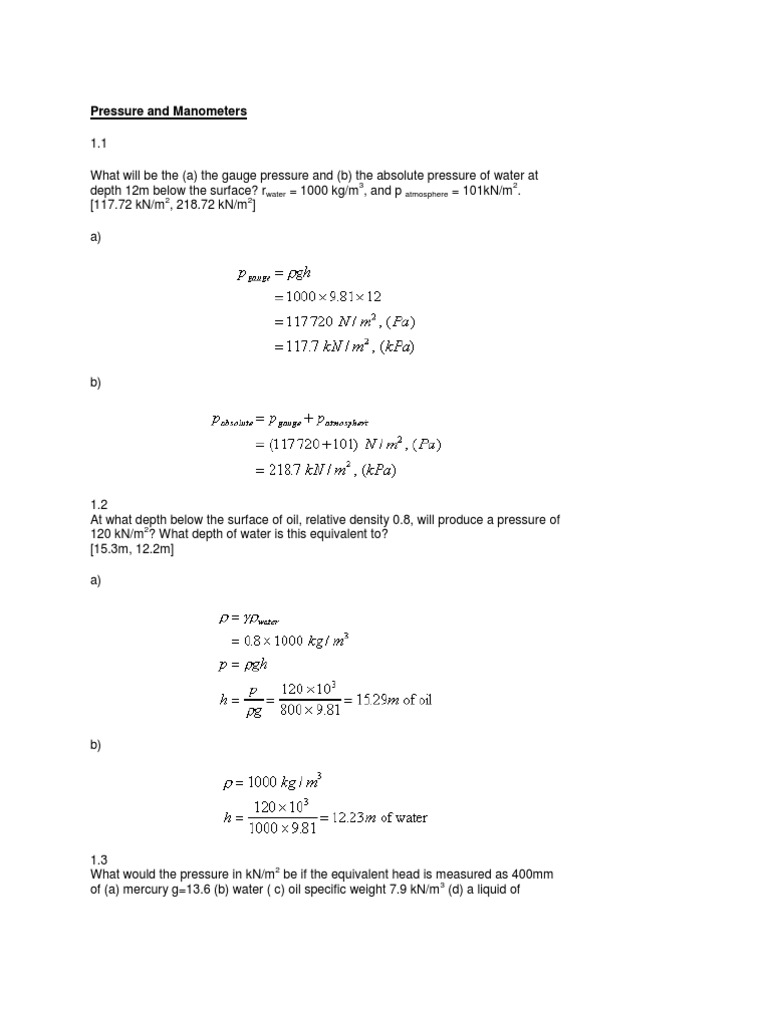 Manometer Pressure Calculations | PDF | Pressure Measurement | Pressure