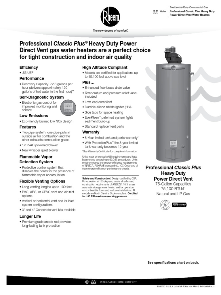 PRO+ PRO+ Heavy Duty Power Direct Vent Spec Sheet | PDF | Water Heating ...