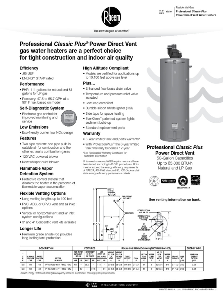 PRO+ Power Direct Vent Spec Sheet 2 | PDF | Water Heating | Mechanical ...