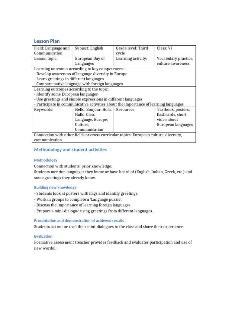 European Day of Languages Lesson Plan | PDF