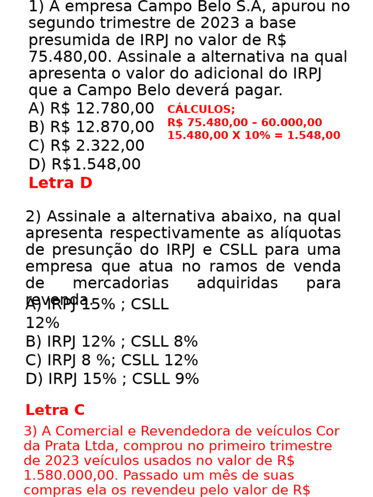 Cálculo de IRPJ no Lucro Presumido | PDF | Imposto de Renda | Impostos