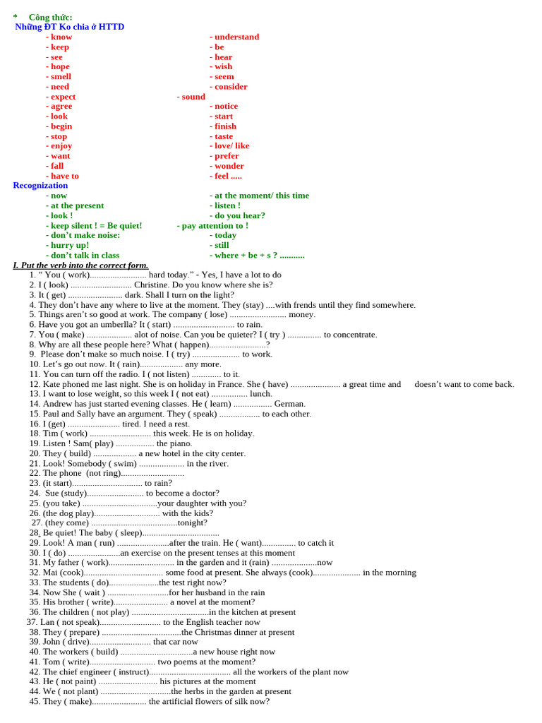 Present Continuous Tense Exercises | PDF
