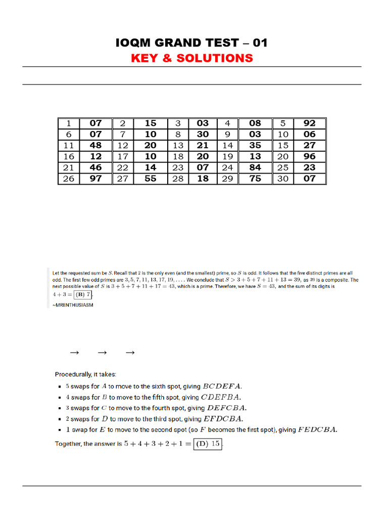 IOQM Grand Test 01: Key & Solutions | PDF | Numbers | Mathematics