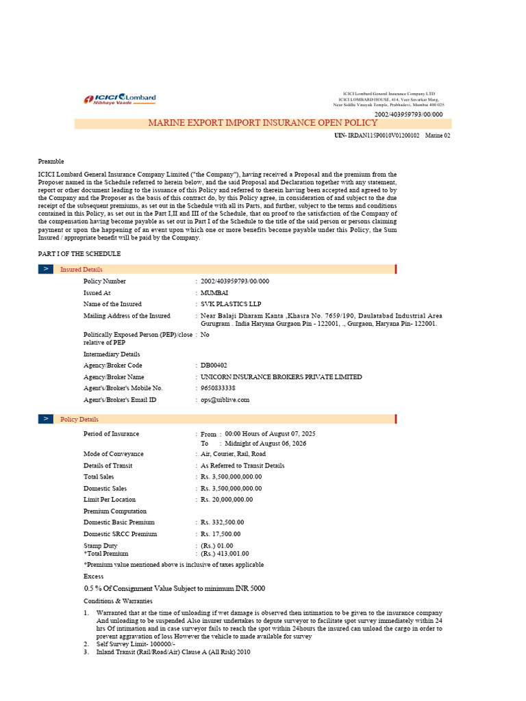 Policy Copy 20250812171744 | PDF | Insurance | Cargo