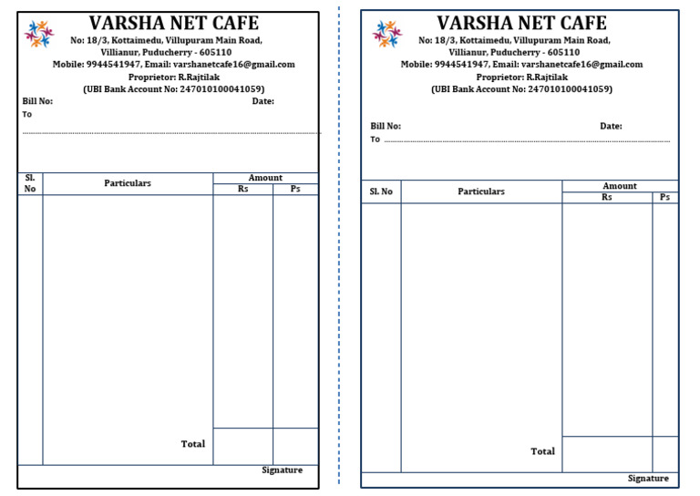 Varsha Net Cafe Billing Document | PDF