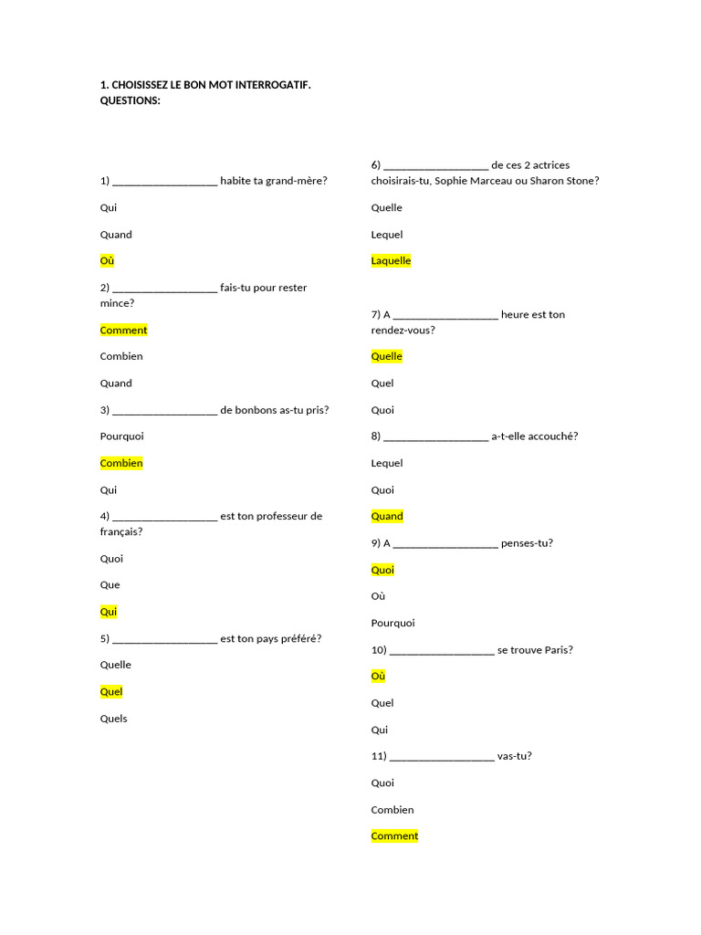 Questions avec mots interrogatifs | PDF