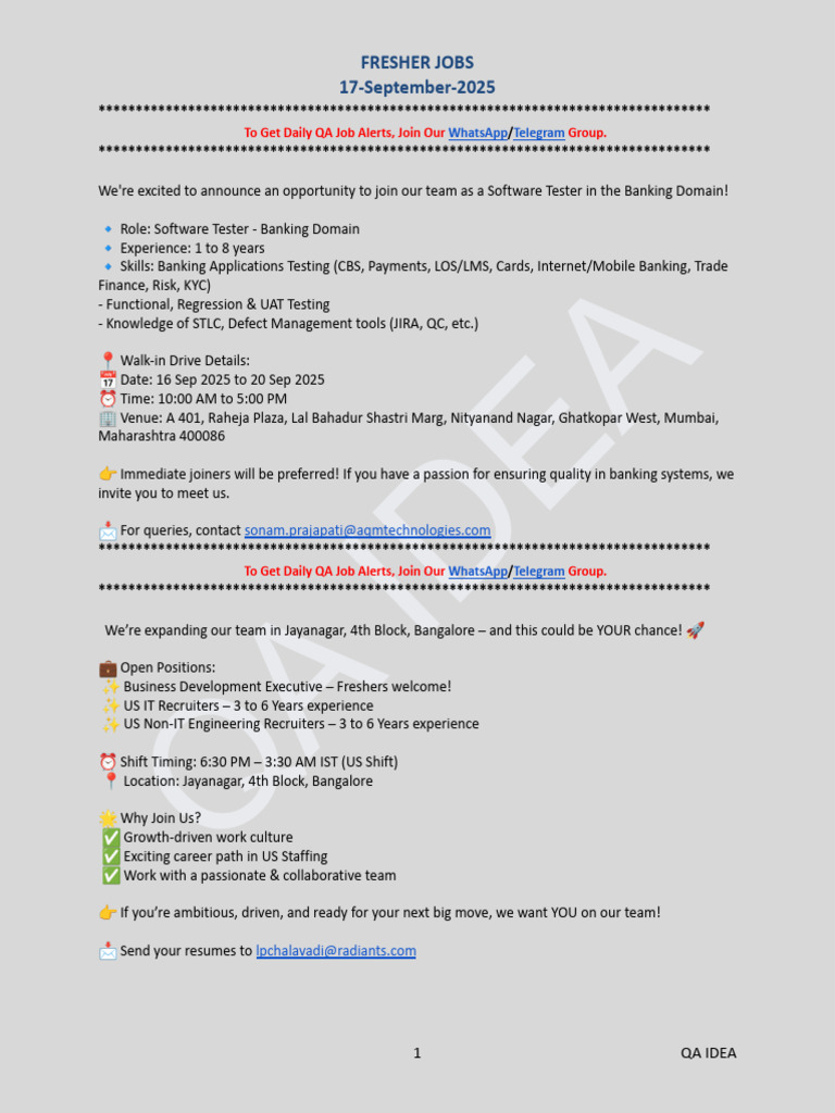 Banking Software Tester Walk-in Drive | PDF | Artificial Intelligence ...