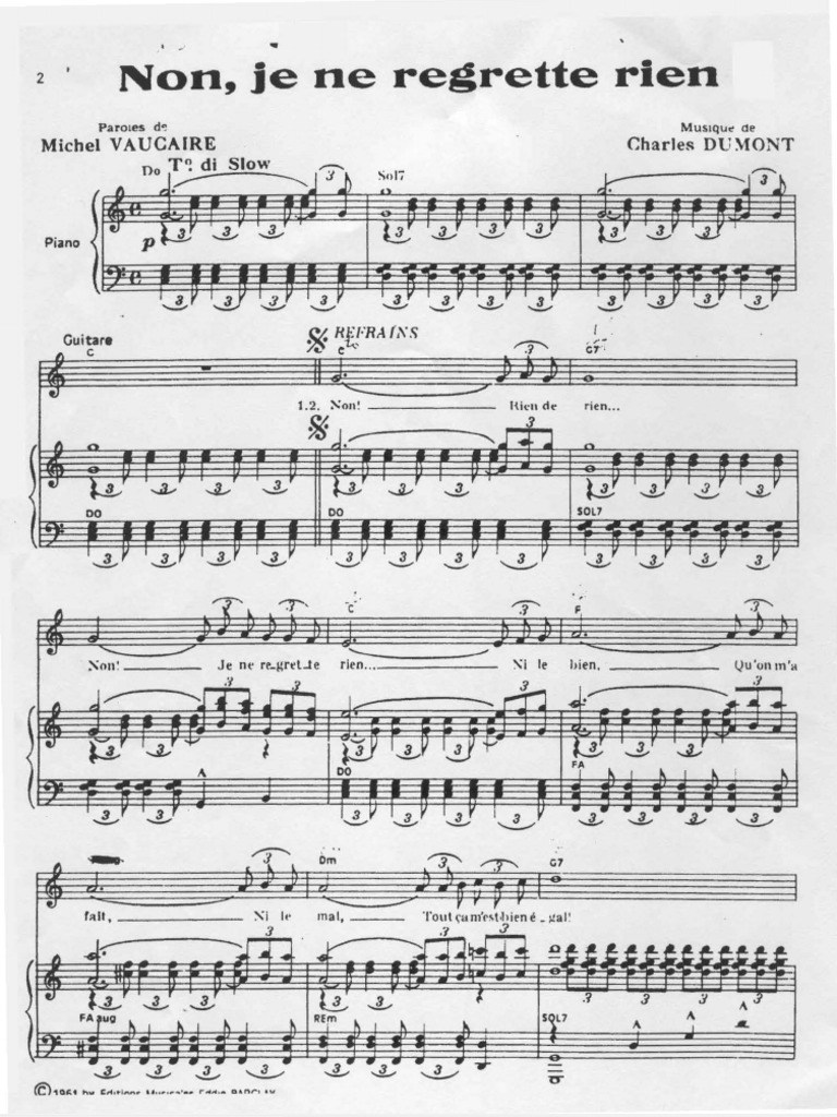 Edith Piaf Non Je Ne Regrette Rien Piano Guitar